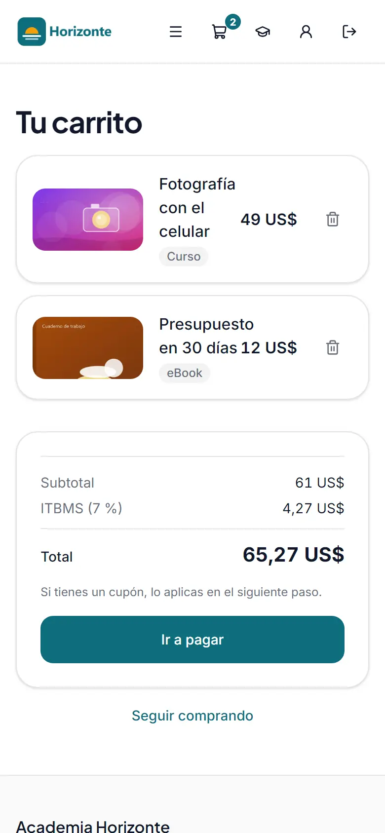 Carrito de compras con cursos y cupón
