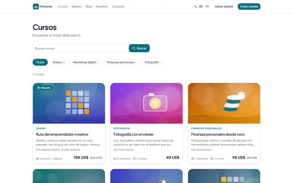 Catálogo de cursos de una academia con un paquete de cursos