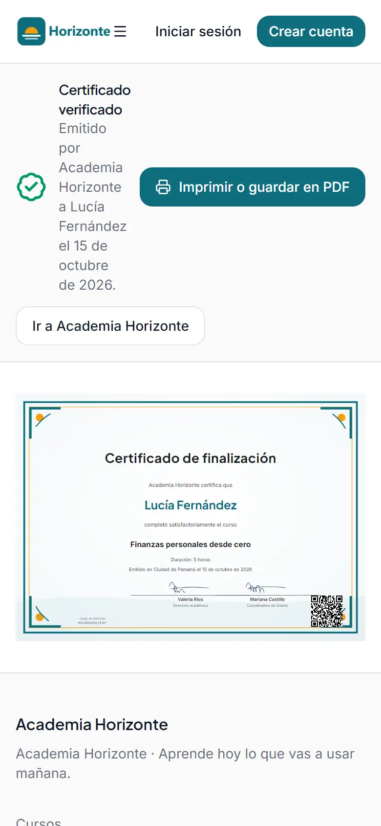 Certificado de finalización con código de verificación