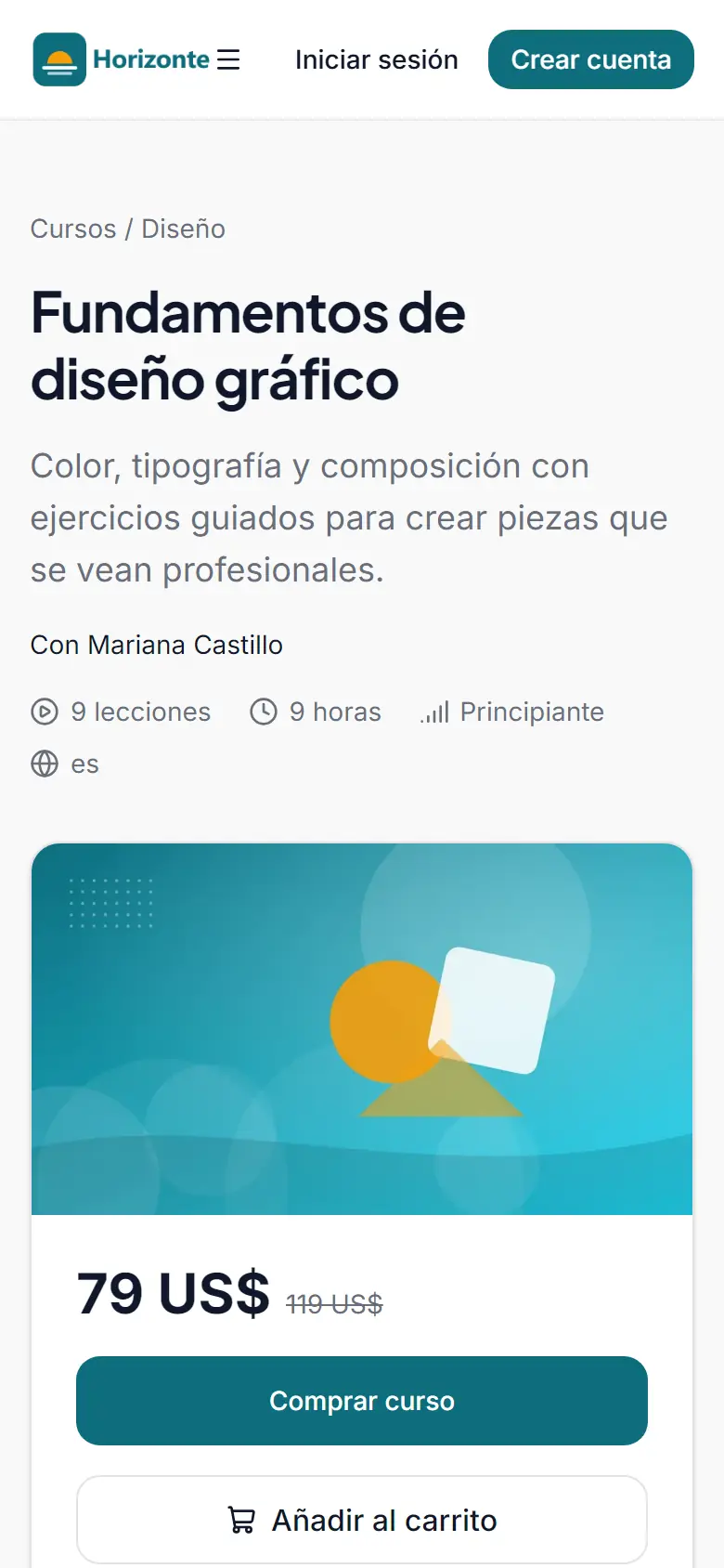 Ficha de un curso con temario, precio y botón de compra