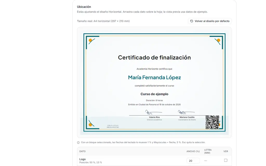 Editor del diseño del certificado