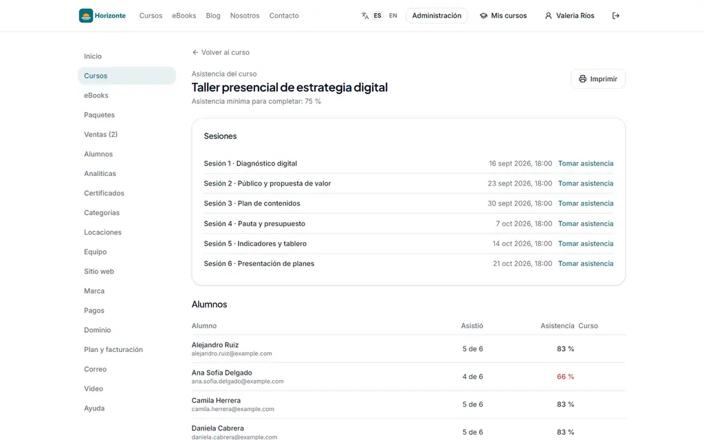 Sesiones en vivo y control de asistencia